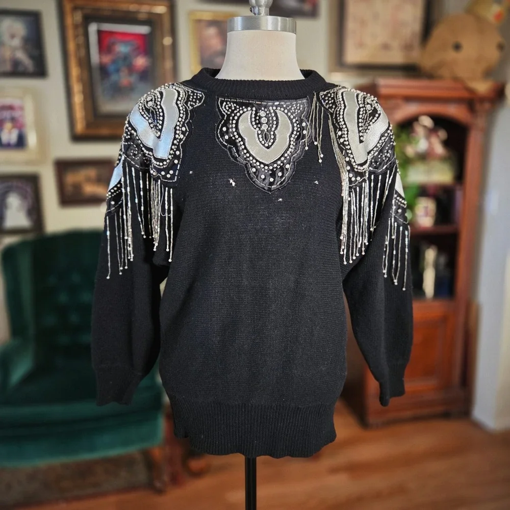 Vintage 80s Black Beaded Fringe Sweater Embellished Shoulder Sparkle Glam Size S